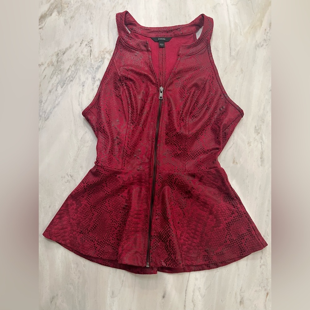 GUESS | Red Reptile Print Peplum High Neck Top with Zipper